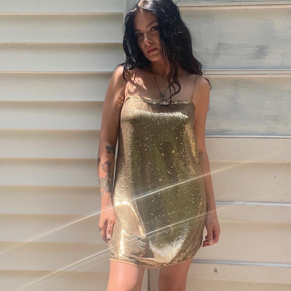 FREE PEOPLE FULL BODY MICRO GOLD SEQUIN ADJUSTABLE STRAP LINED  MINI DRESS